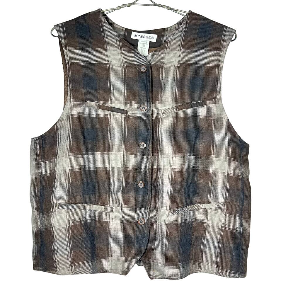 Vintage 90s Jones&Co Size 12 Brown Plaid Wool Blend Button Front Vest Waiscoat